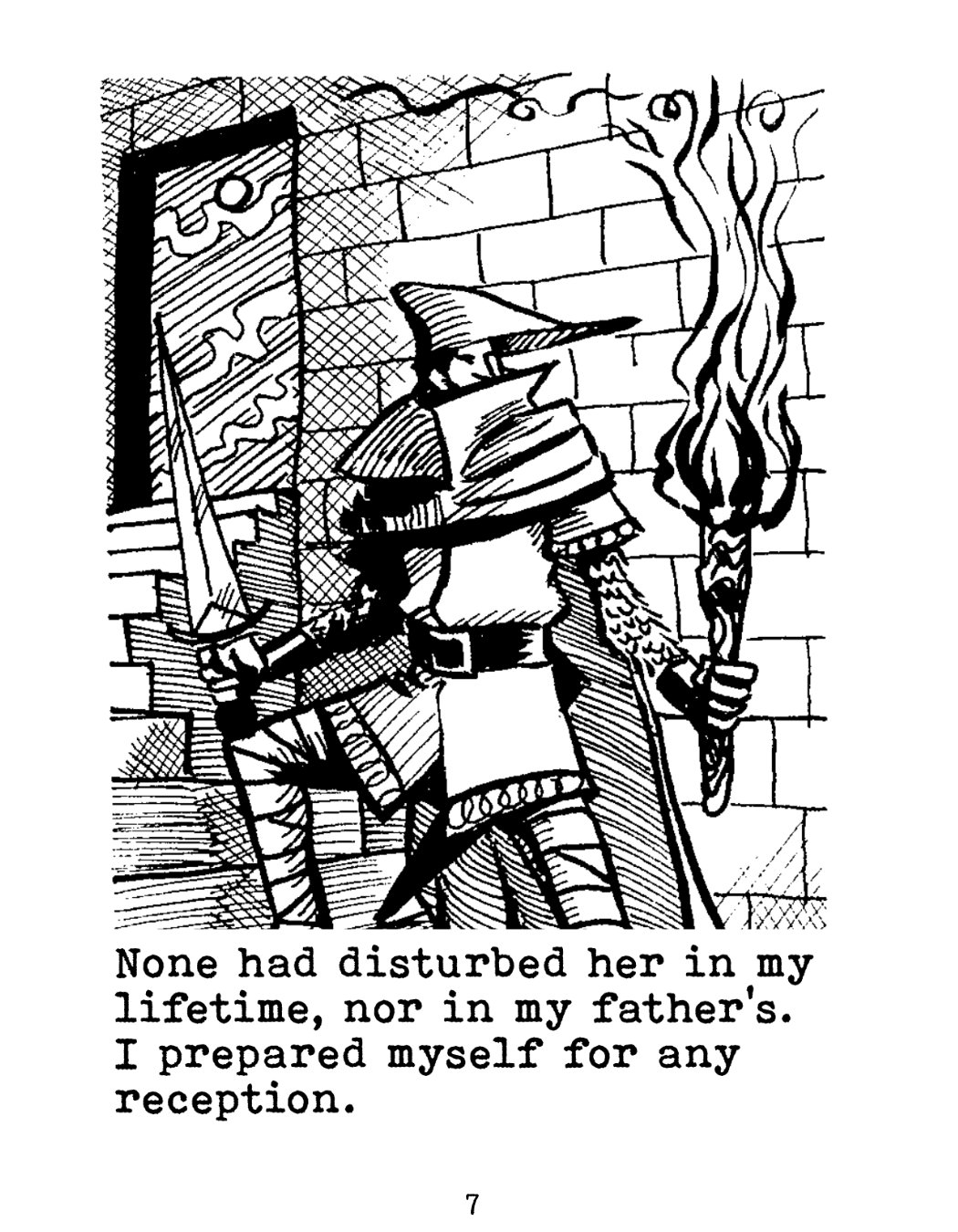 A dungeon delving swordsman lights a torch to descend into shadows dark.